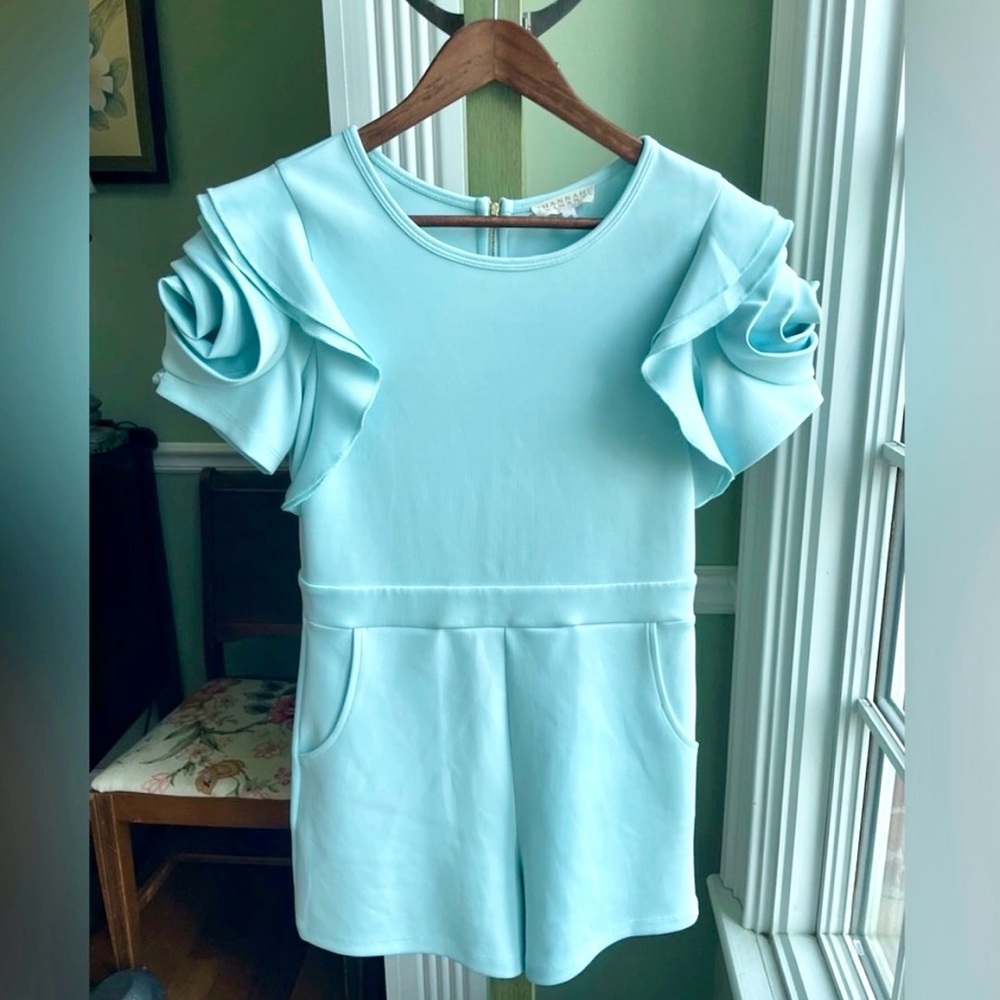 Sara Sara (Girls 16) Hannah Banana 3D Rosette Sleeve Romper Powder Blue Aqua